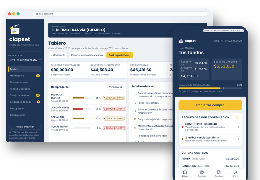 Panel de coordinación de Clapset en una computadora y la app del comprador en un teléfono, mostrando tablero, compradores y fondos